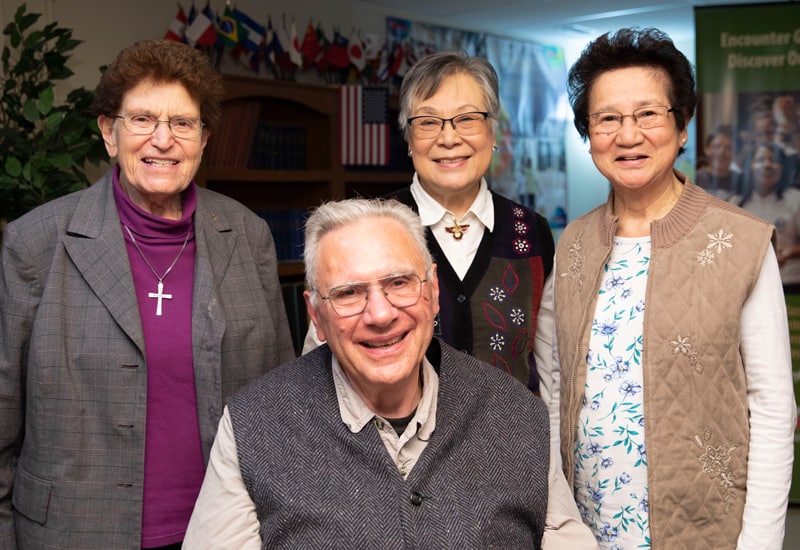 Members of the Maryknoll Affiliate chapter, who do mission in Chicago (l. to r.), Sister MaryLou Rajdl, Tom McGuire, Florence McGuire and Sister Gloria Tamayo draw energy for their lives of service by meeting regularly with other Maryknoll affiliates. (Octavio Duran/U.S.)