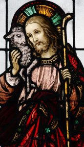 Pandemic prayer: Jesus is depicted as the good shepherd in a stained-glass window at Blessed Sacrament Church in Bolton Landing, N.Y (CNS photo/Gregory A. Shemitz)