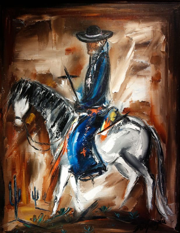 In this 2017 file photo, Jesuit Father Eusebio Kino is depicted on horseback by Ted DeGrazia in a painting that hangs at the late artist's Gallery in the Sun in Tucson, Ariz. On July 13, 2020, Pope Francis recognized Father Kino's heroic virtues, giving him the title "venerable" and advancing his sainthood cause. (CNS photo/Nancy Wiechec)