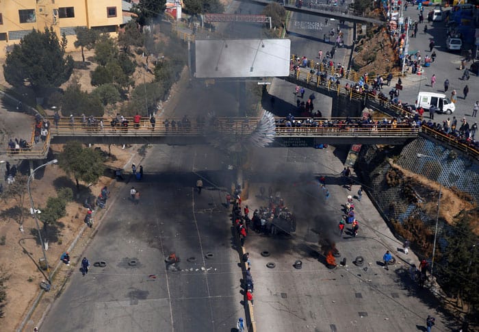 An aerial view shows the blockade point set up by supporters of former President Evo Morales in El Alto, Bolivia, Aug. 10, 2020. The protesters are demanding quick presidential elections which have been postponed multiple times due to the COVID-19 pandemic. (CNS photo/David Mercado, Reuters)