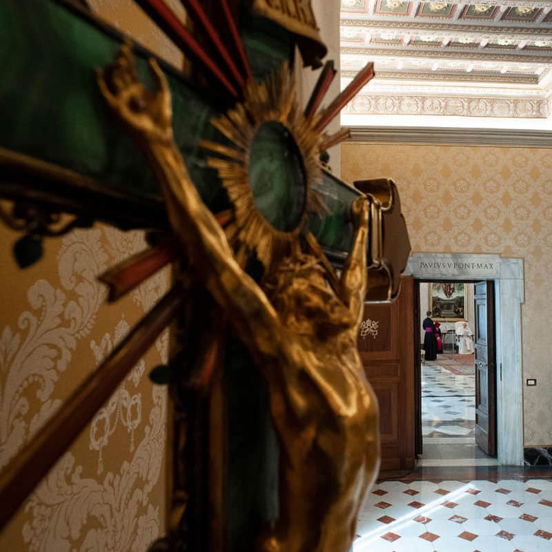 Pope Francis leads his general audience in the library of the Apostolic Palace at the Vatican Aug. 19, 2020. The pope said that the church's preferential option for the poor includes making sure any vaccine developed for COVID-19 helps everyone. (CNS photo/Vatican Media)