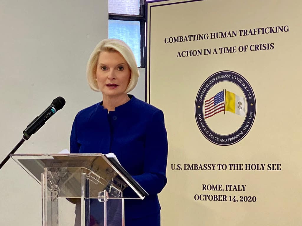 Callista Gingrich, U.S. ambassador to the Holy See, speaks at a symposium on human trafficking in Rome Oct. 14, 2020. The U.S. Embassy to the Holy See sponsored the symposium, which looked at how the COVID-19 pandemic is making the human trafficking situation worse. (CNS/courtesy U.S. Embassy to the Holy See)