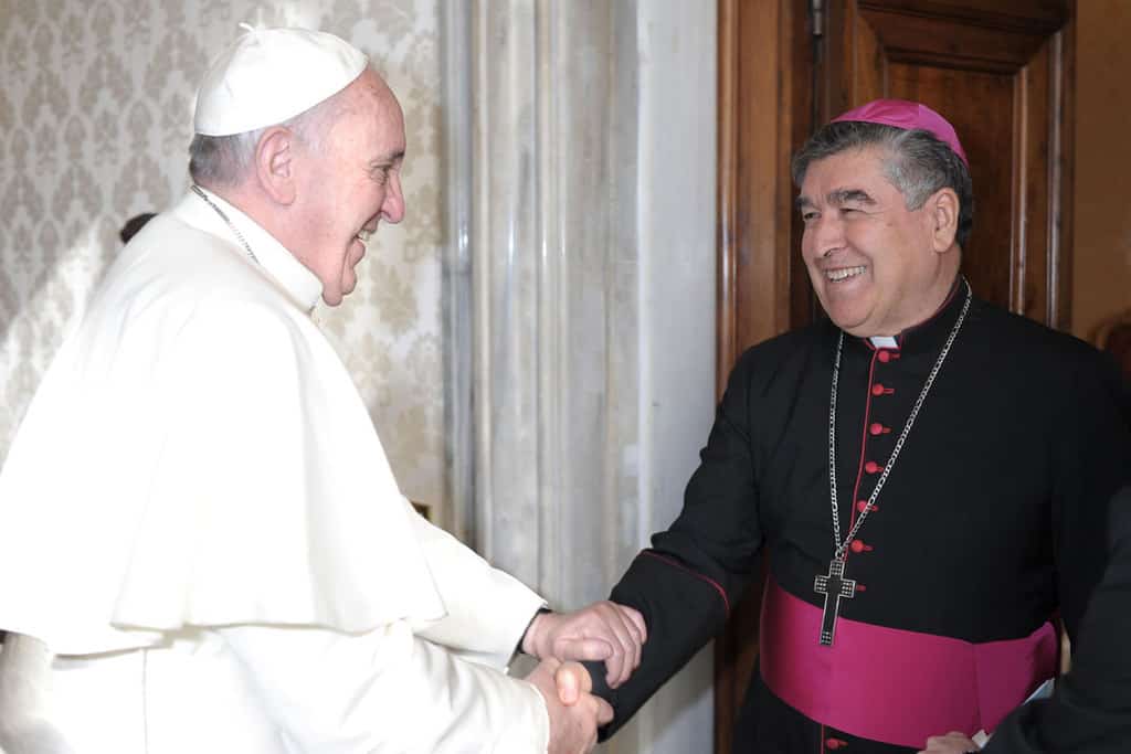 Bishop Felipe Arizmendi Esquivel of San Cristóbal de Las Casas, Mexico, greets Pope Francis during an audience at the Vatican in this Dec. 12, 2013, file photo. Cardinal-designate Arizmendi is among 13 new cardinals to be created by the pope at a Nov. 28 consistory. (CNS/Vatican Media)