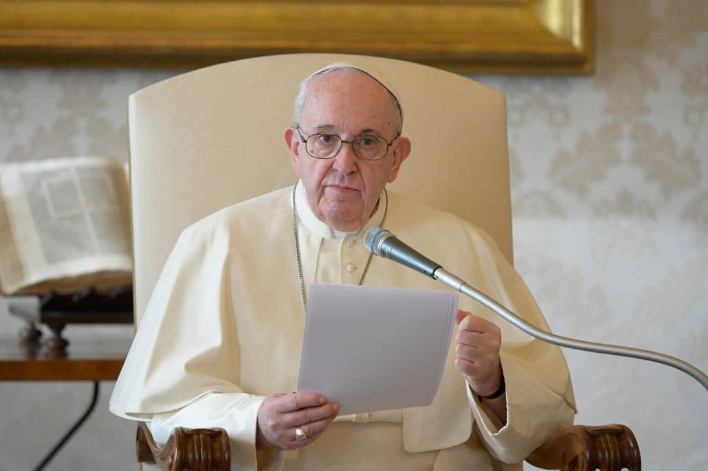 Pope Francis leads his general audience in the library of the Apostolic Palace at the Vatican Nov. 11, 2020. A day after the Vatican released its extensive report on former Cardinal Theodore E. McCarrick, the pope renewed the Catholic Church's pledge to uproot the scourge of sexual abuse. (CNS/Vatican Media)