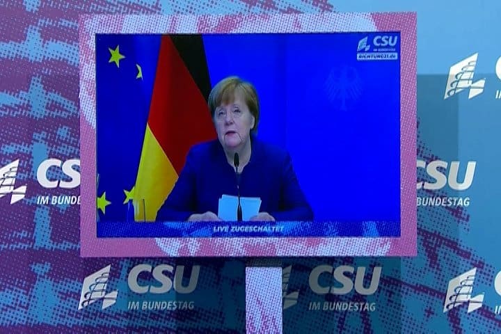 German Chancellor Angela Merkel speaks on television during an address in Berlin Jan. 7, 2021, during which she commented on the storming of the U.S. Capitol in Washington by supporters of U.S. President Donald Trump. Merkel said photos of the mob intruding into the Capitol made her angry and sad but that "democracy is stronger than the attackers and rioters." (CNS photo/Reuters)