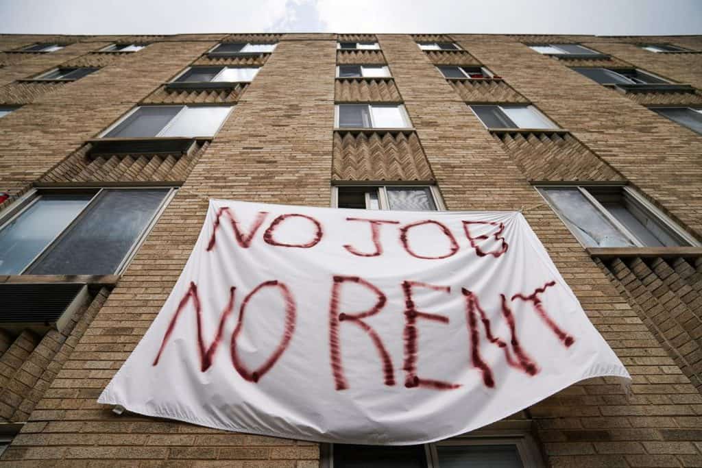 Residents in Washington push for the cancellation of rent Aug. 20, 2020, during the coronavirus pandemic. (CNS photo/Sarah Silbiger, Reuters)