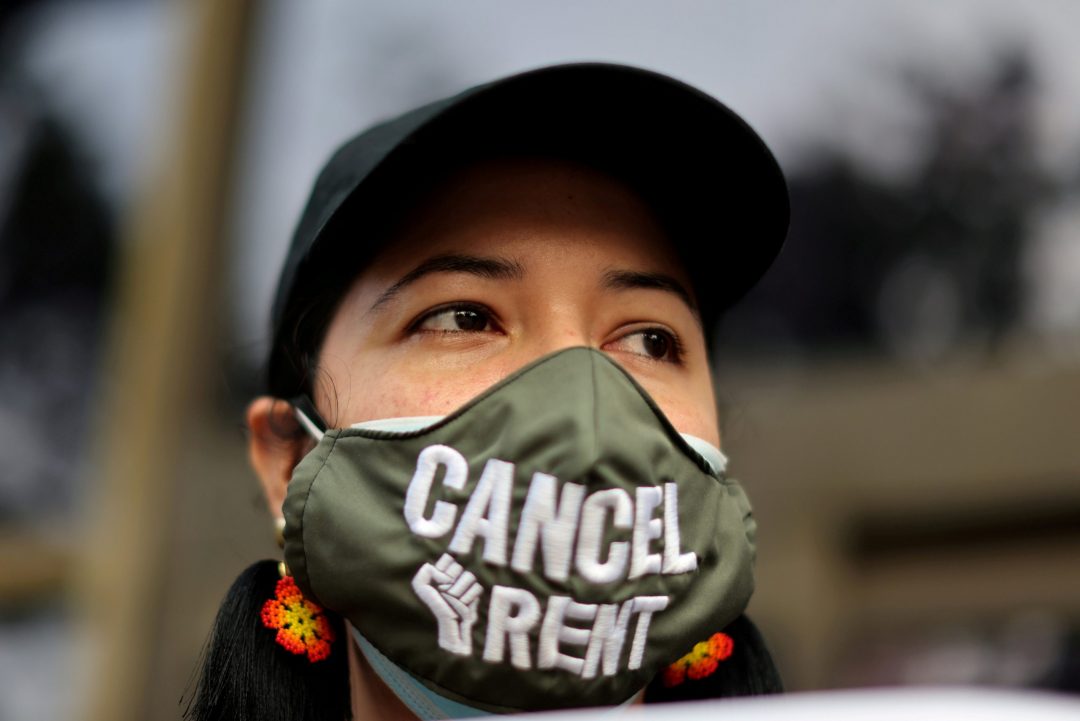 CALIFORNIA EVICTION DEMONSTRATION A demonstrator calling for an end to evictions is seen in Los Angeles Aug. 21, 2020, amid the coronavirus pandemic. (CNS photo/Lucy Nicholson, Reuters)