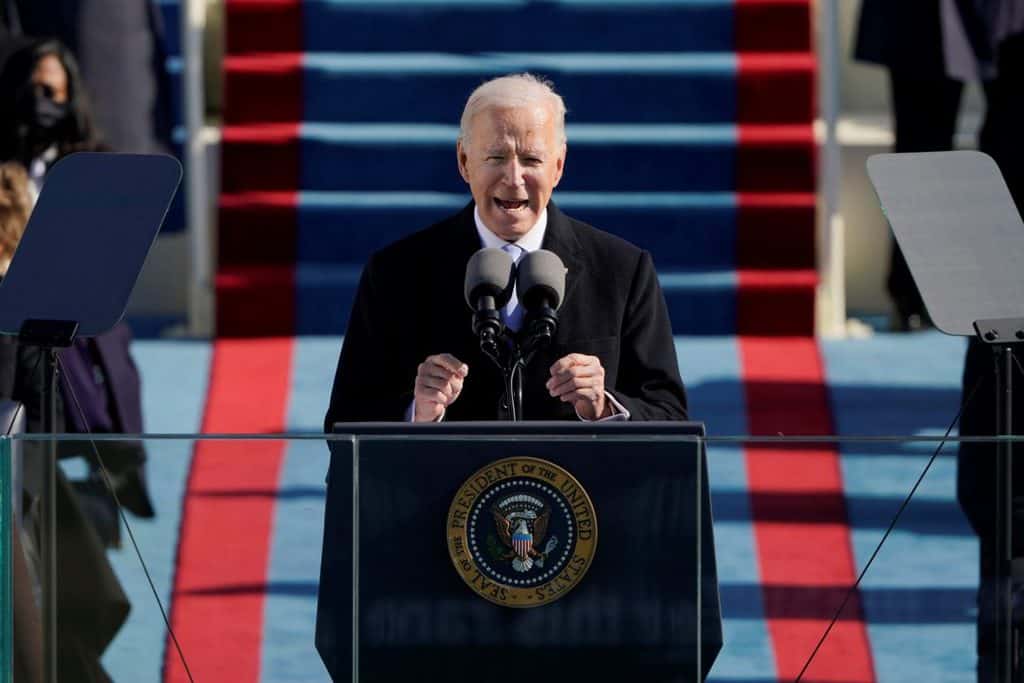 BIDEN INAUGURATION SPEECH U.S. President Joseph R. Biden speaks during his inauguration at the Capitol in Washington Jan. 20, 2021. (CNS photo/Patrick Semansky, pool via Reuters)