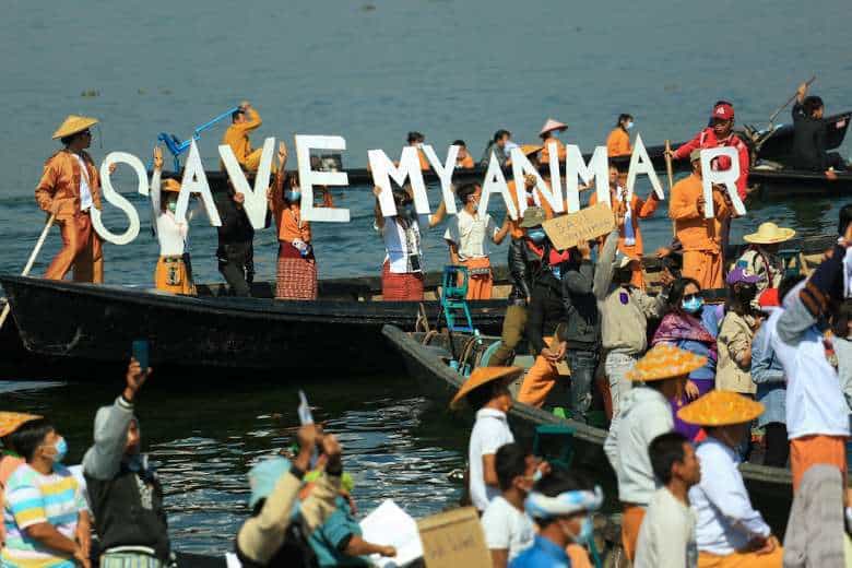 Protesters wearing traditional Shan dress take part in a demonstration against the Myanmar military coup on Inle lake in Shan state on Feb. 11. (Photo: AFP)