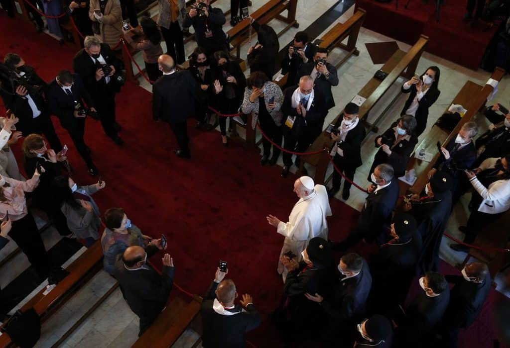 Pope Francis arrives for a meeting with bishops, priests, religious men and women, seminarians and catechists in the Syriac Catholic Cathedral of Our Lady of Deliverance in Baghdad, Iraq, March 5, 2021. (CNS photo/Paul Haring)