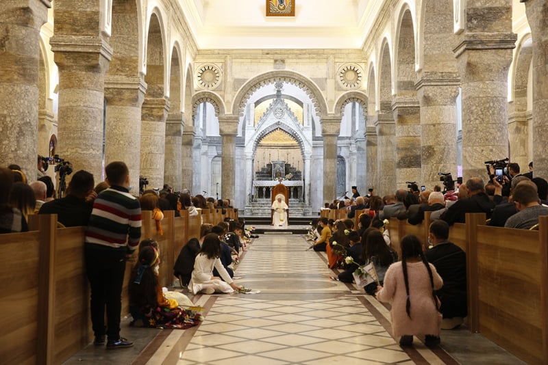 Pope Francis visits with the community at the Church of the Immaculate Conception in Qaraqosh, Iraq, March 7, 2021. (CNS photo/Paul Haring)