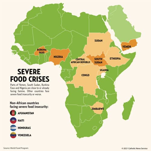 Parts of Yemen, South Sudan, Burkina Faso and Nigeria are close to or already facing famine. Other countries face severe food insecurity or worse. (CNS graphic/Todd Habiger, The Leaven)