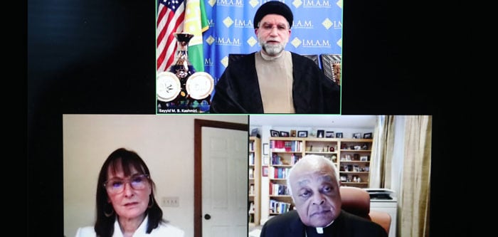 Imam Sayyid M.B. Kashmiri, top, participates in a March 17, 2021, virtual dialogue with Washington Cardinal Wilton D. Gregory about Christian-Muslim relations. Pictured at left is Tamara Sonn, director of the Alwaleed Center for Muslim-Christian Understanding at the Edmund A. Walsh School of Foreign Service at Georgetown University. (CNS screen grab/Andrew Biraj, Catholic Standard)