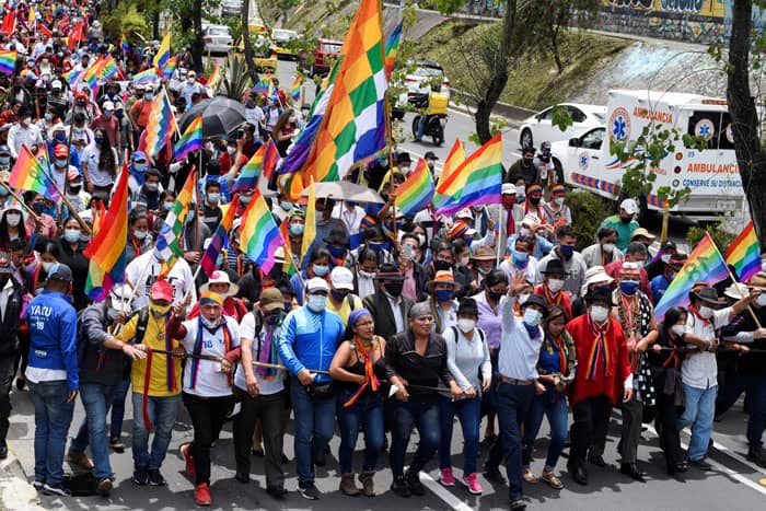 Ecuadorian presidential candidate Yaku Pérez gestures as members of Indigenous communities and his supporters march in Quito Feb. 23, 2021. The Indigenous candidate missed the April 11 runoff election by 32,000 votes. (CNS photo/Santiago Arcos, Reuters)