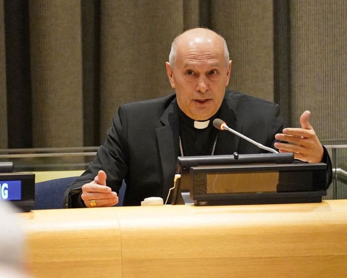 Archbishop Gabriele Caccia, the Vatican's permanent observer to the United Nations, speaks at the U.N. in New York City Jan. 27, 2020. (CNS photo/Gregory A. Shemitz)