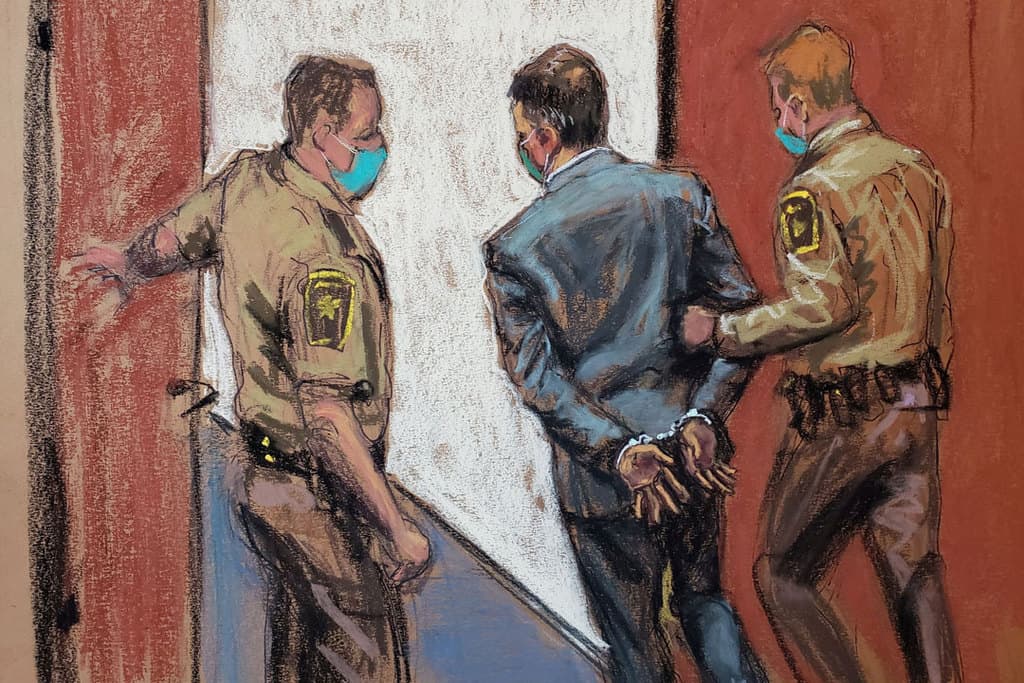 Former Minneapolis police officer Derek Chauvin is led away in handcuffs in this courtroom sketch April 20, 2021, after a Minneapolis jury found him guilty of all charges in his trial for second-degree murder, third-degree murder and second-degree manslaughter in the death of George Floyd. (CNS photo/Jane Rosenberg, Reuters)