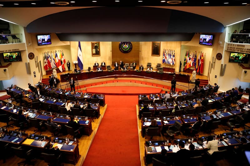 Representatives in the Salvadoran congress participate in a session to discuss the removal of constitutional court judges in San Salvador, El Salvador, May 1, 2021. (CNS photo/Jose Cabezas, Reuters)