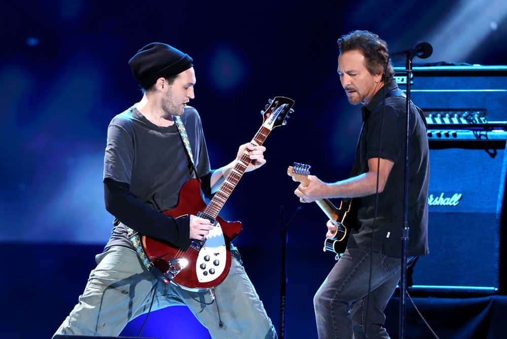 In this image released May 2, 2021, Josh Klinghoffer and Eddie Vedder perform onstage during Global Citizen "Vax Live: The Concert To Reunite The World," at SoFi Stadium in Inglewood, Calif. The concert was broadcast May 8 and included messages from Pope Francis and U.S. President Joe Biden. (CNS photo/Kevin Winter/Getty Images for Global Citizen VAX LIVE)