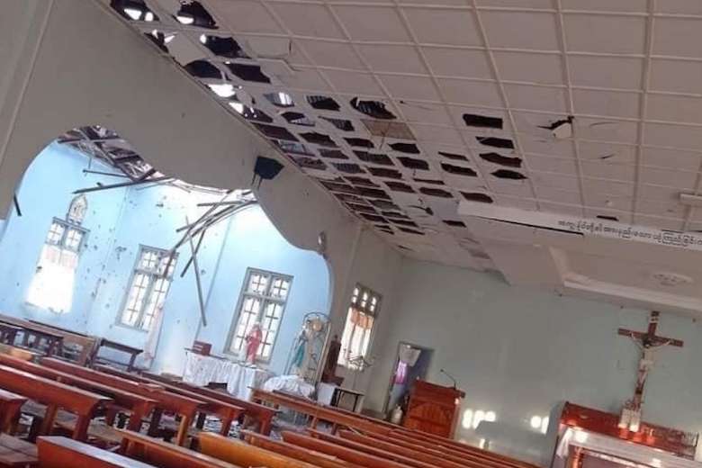 -60ab616729554_600 The roof and ceiling of Sacred Heart Church in Kayanthayar Parish near Loikaw, the capital city of Kayah state, Myanmar, were damaged by the military attack on May 24. (Photo: CJ)