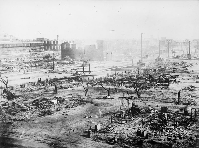 TULSA RACE MASSACRE OF 1921 The Greenwood neighborhood is seen in ruins after a mob passed through it during the 1921 race massacre in Tulsa, Okla. (CNS photo/American National Red Cross, Library of Congress, Handout via Reuters)