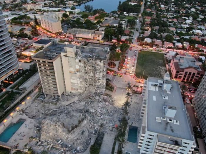 A building that partially collapsed is seen in Surfside, Fla., just north of Miami Beach June 24, 2021. (CNS photo/Miami-Dade Fire Rescue, Handout via Reuters) 