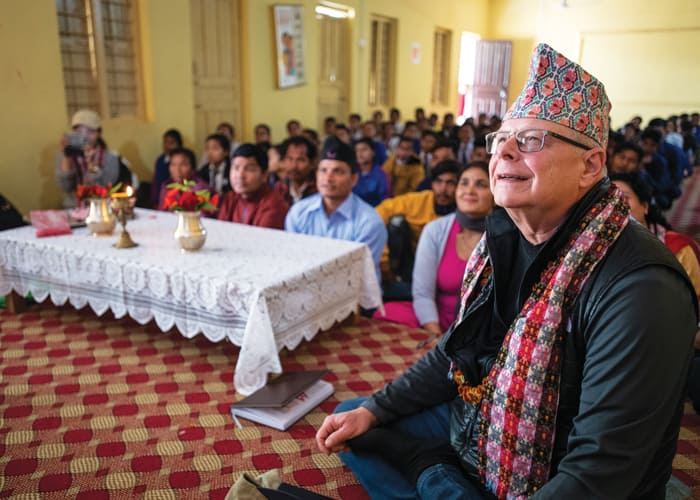 Father Thaler with students and staff at a presentation for the Maryknoll Fathers and Brothers of Nepal at the secondary school in Tratal, Bardiya District. (Gregg Brekke/Nepal)