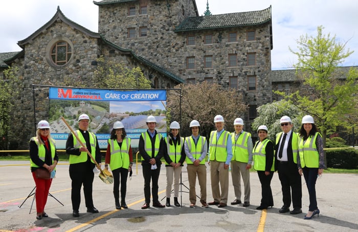 34-38-Solar-Panels-01 Maryknoll Superior General Father Raymond Finch (second from left) joins Ossining’s town supervisor, Ecogy Energy employees, Maryknoll’s Eco-Mission team and employees at the groundbreaking of the solar panel project at Maryknoll’s headquarters, the first community solar energy system in Ossining, New York. (Diane Mastrogiulio/U.S.)