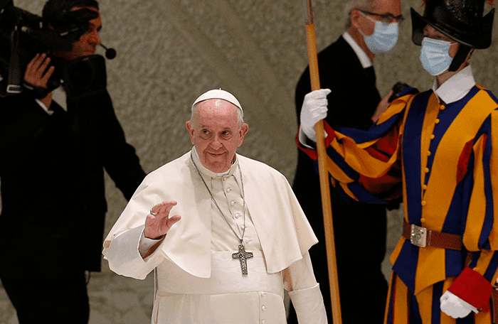 Hypocrisy in the Church Is 'Detestable,' Pope Says at Audience: Pope Francis arrives to lead his general audience in the Paul VI hall at the Vatican Aug. 25, 2021. (CNS photo/Paul Haring)