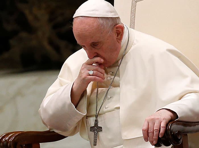 POPE GENERAL AUDIENCE Pope Francis is pictured during his general audience in the Paul VI hall at the Vatican Sept. 8, 2021, where he said differences and conflicts caused by separation "should not exist among believers in Christ." (CNS photo/Paul Haring)