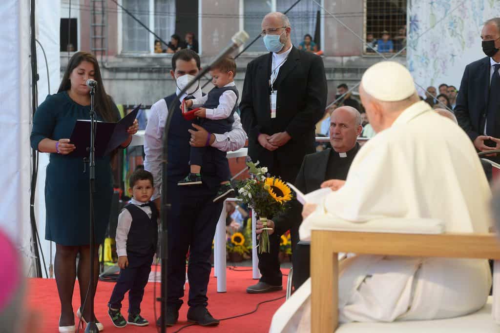 Pope Francis meets with the Roma community in the Luník IX neighborhood in Koice, Slovakia, Sept. 14, 2021. After the visit to Hungary and Slovakia, the pope spoke about communion on the papal plane. (CNS photo/Vatican Media)
