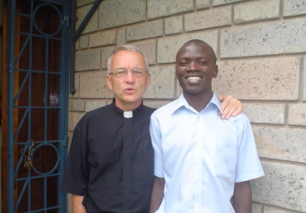 Father Lance Nadeau with Maryknoll seminarian John Siyumbu when Siyumbu was a student at Kenyatta University. During his 18 years as chaplain at the university, Father Nadeau inspired about 85 young men to pursue a religious vocation. Siyumbu is one of the men who are currently preparing to be Maryknoll priests. (Courtesy of John Siyumbu/Kenya)