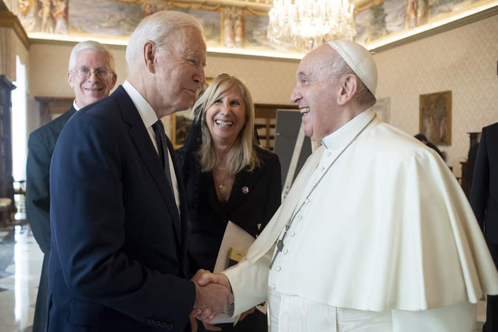 U.S. President Joe Biden greets Pope Francis during a meeting at the Vatican Oct. 29, 2021. (CNS photo/Vatican Media)