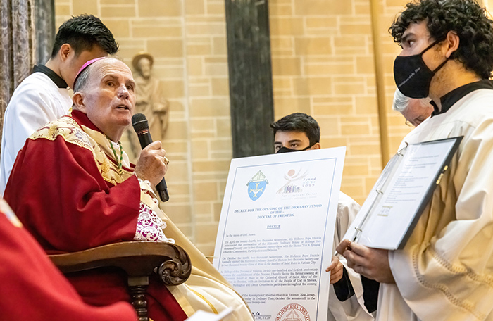 synodality year-ender: Bishop David M. O'Connell of Trenton, N.J., officially begins the local process for his diocese's participation in preparations for the 2023 meeting of the world Synod of Bishops on synodality during Mass in St. Mary of the Assumption Cathedral in Trenton Oct. 17, 2021. (CNS photo/Hal Brown, The Monitor)