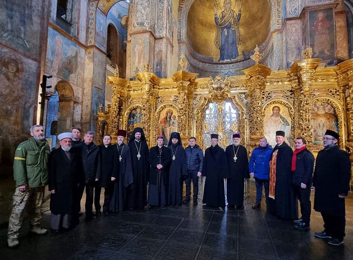Religious leaders gather at St. Sophia Cathedral in Kyiv, Ukraine, March 2, 2022, to pray for peace, despite the city being shelled with Russian rockets. (CNS photo/risu.ua)