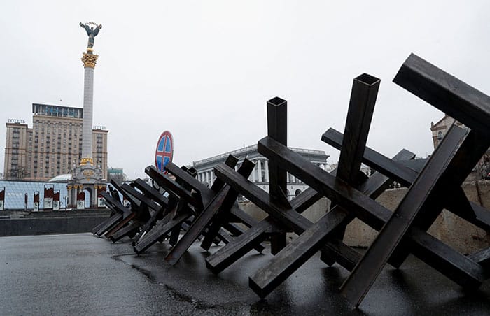 Anti-tank obstacles are seen at a checkpoint in Independence Square in central Kyiv, Ukraine, March 3, 2022, as Russia's invasion of Ukraine continues. (CNS photo/Valentyn Ogirenko, Reuters)