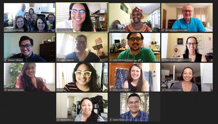 Maryknoll Sister Euphrasia (Efu) Nyaki and Maryknoll Father Dennis Moorman (top right) lead a virtual retreat for members of the five YAE communities. (Courtesy Anna Johnson/U.S.)