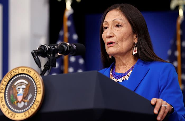 U.S. Interior Secretary Deb Haaland addresses the Tribal Nations Summit from an auditorium on the White House campus in Washington Nov. 15, 2021. (CNS photo/Jonathan Ernst, Reuters)
