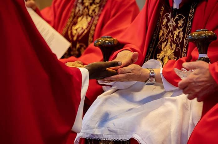 After World Mission Sunday Mass at St. Ferdinand Church, pastor Father Jason Torba and Cardinal Blase Cupich greet the congregation, including all those who do mission in Chicago. (Julie Jaidinger, Chicago Catholic/U.S.)