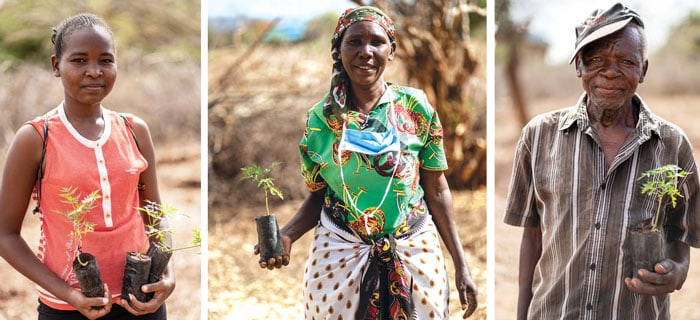 Local residents hold saplings of drought-resistant mukau trees as part of a project at the St. John the Baptist mission near Kibwezi in southeastern Kenya to plant mukau groves. These native mukau trees, which thrive in drylands, will provide needed shade, help with water and soil retention, and also eventually provide timber for sale and building projects. (Gregg Brekke/Kenya)