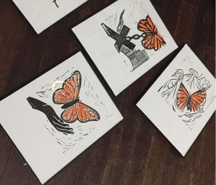 18-22-Migrant-Monarch-02 A few prints are assembled on Romo’s living room floor in Chicago. (Courtesy of Jaqueline Romo/U.S.)