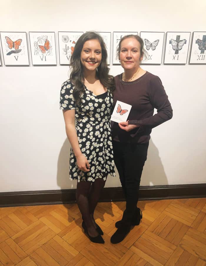 18-22-Migrant-Monarch-03 Jaqueline Romo (left) and her mother, Gila Estrada, are shown at the opening of the Senior Art Exhibition in the O’Connor Art Gallery at Dominican University in Chicago in 2019. (Courtesy of Jaqueline Romo/U.S.)