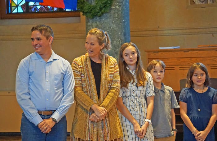 The Johnson family looks on as their sending ceremony takes place in the Our Lady Queen of Apostles Chapel at the Society Center in Ossining, New York. (Debbie Northern/U.S.)