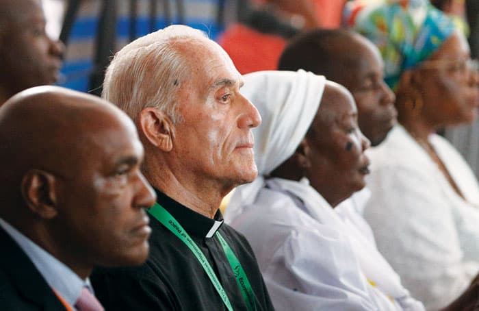 Maryknoll Father Michael Bassano, who works in Malakal, South Sudan, attends Pope Francis’ meeting with internally displaced people at Freedom Hall in Juba, South Sudan, Feb. 4, 2023, as part of the Ecumenical Pilgrimage of Peace. (CNS photo/Paul Haring)