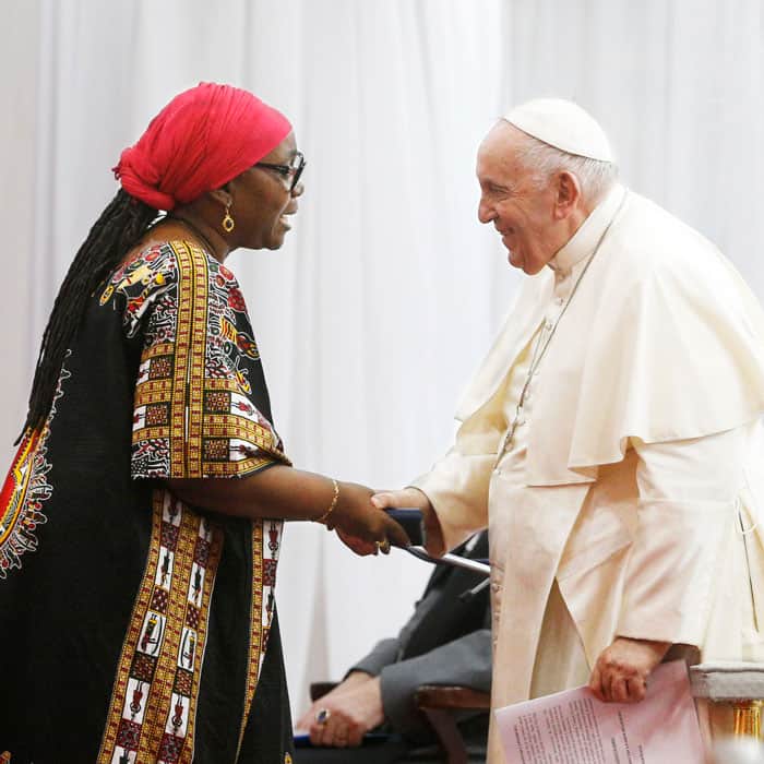 Pope Francis greets Sara Beysolow Nyanti, the U.N. secretary-general’s deputy special representative to South Sudan, during a meeting with internally displaced people at Freedom Hall in Juba, South Sudan, Feb. 4, 2023. (CNS photo/Paul Haring)
