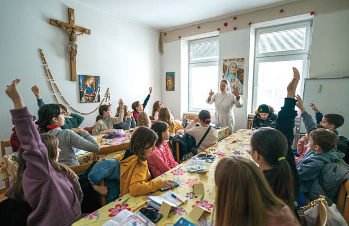 Dominican Sister Lydia Timkova teaches a catechism class in Mukachevo. (Gregg Brekke/Ukraine)