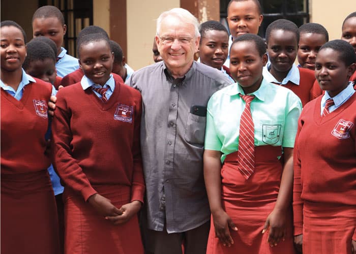Maryknoll Superior General Father Lance Nadeau visits Nyamotambe Mixed Secondary School in Kehancha, Kuria, in southwestern Kenya, where Maryknoll built a girls’ dormitory. (Moses Njagua Gitahi/Kenya)