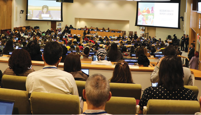 Delegates represent their countries or organizations at a session of the Commission on the Status of Women at the U.N. headquarters held in March 2024. (Lynn Monahan/U.S.)