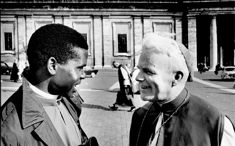 In Rome, Bishop Comber converses with Bishop Maurice Michael Otunga, who would later become archbishop of Nairobi and the first Kenyan cardinal. (Maryknoll Mission Archives)