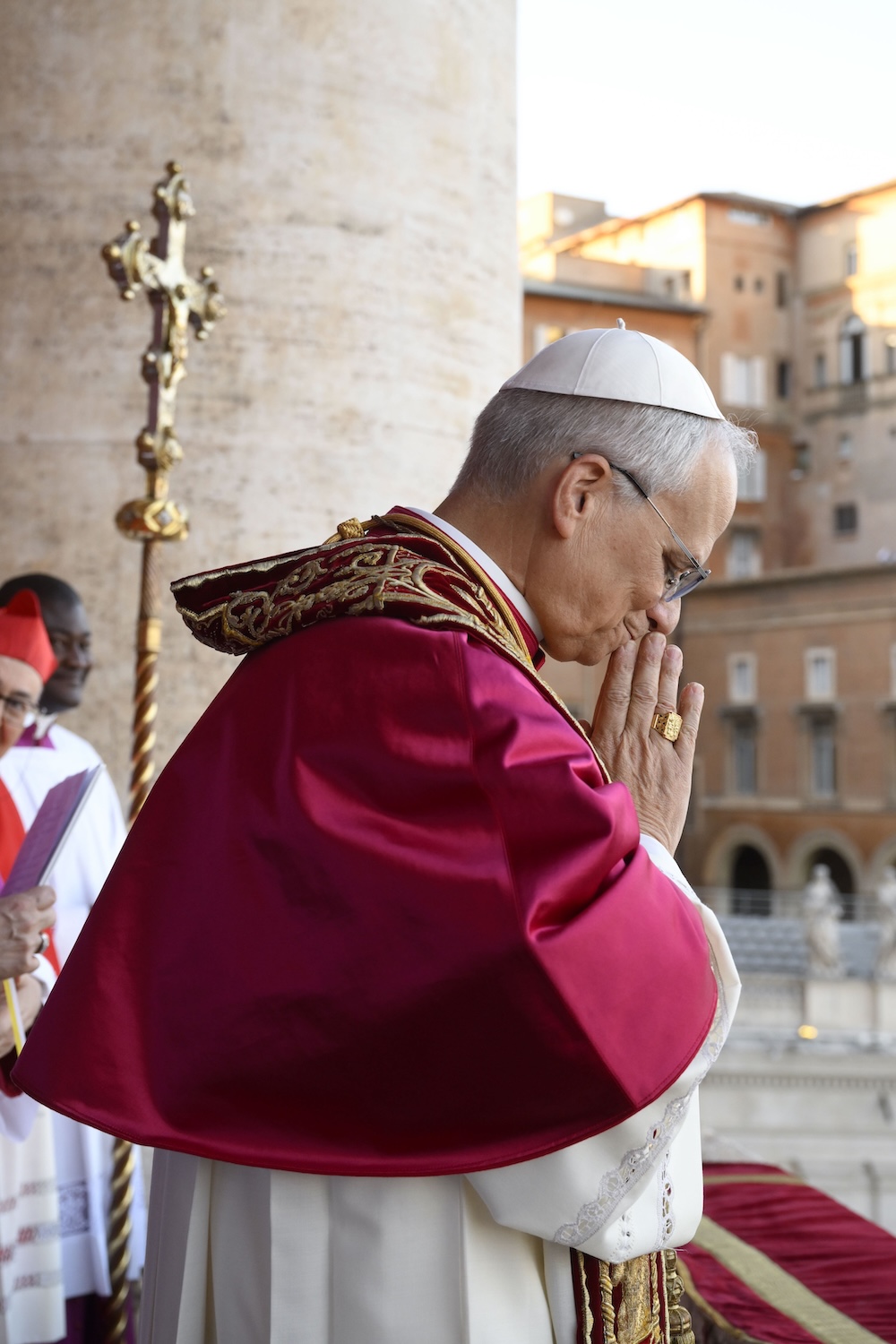 Pope Leo XIV, the former Cardinal Robert F. Prevost, waves to the crowds in St. Peter's Square at the Vatican after his election as pope May 8, 2025. The new pope was born in Chicago. (CNS photo/Vatican Media)