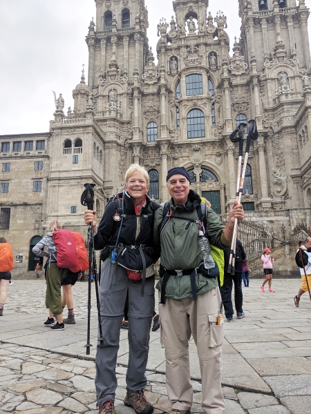 Camino_IMG_20190923_115851ED <br />
Celine and Don Woznica in 2019 arriving at the Cathedral of Santiago de Compostela after walking the Camino for 500 miles.<br />
